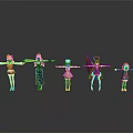 Five Female Game Movie Character Models With Different Outfits Hairstyles Standing In Row Gray Background Reflections