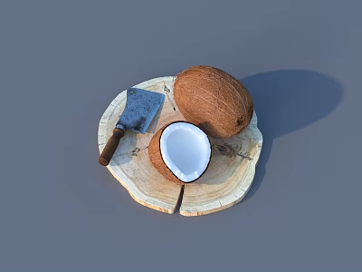 Garden Ornaments Featuring Whole and Halved Coconut on Wooden Plate with Knife 3d model