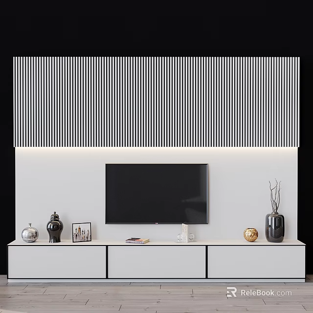 Modern TV Wall Design With Striped Panel And Decorative Items 3d model