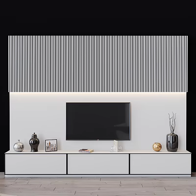 Modern TV Wall Design With Striped Panel And Decorative Items 3d model Modern TV Wall Design With Striped Panel And Decorative Items 3d model