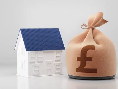 Brown Money Bag Featuring Pound Symbol Alongside White House Model With Blue Roof 3d model