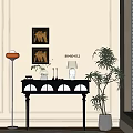 Stylish Black Entryway Console Table with Arched Cutout Design Table Lamp Vase and Framed Artworks