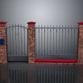 Ornate Iron Gate Outdoor Furniture With Red Topped Brick Pillars And Blue Mailbox