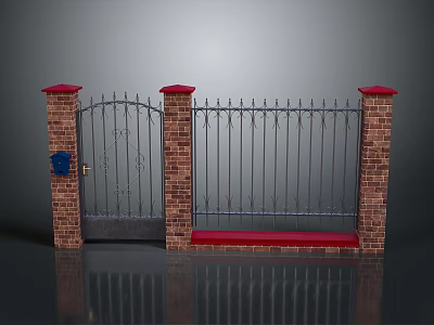 Ornate Iron Gate Outdoor Furniture With Red Topped Brick Pillars And Blue Mailbox 3d model