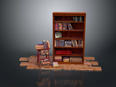 Brown Wooden Bookshelf With Stacked Books Small Stool And Wooden Floor Planks 3d model