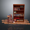 Brown Wooden Bookshelf With Stacked Books Small Stool And Wooden Floor Planks