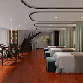 Serene SPA Massage Room Interior With White Beds Blue Stools Decorative Paintings And Wooden Flooring