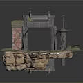 Fantasy Scene Construction With Stone Archway Lamp Posts Tower And Rocky Grass Terrain