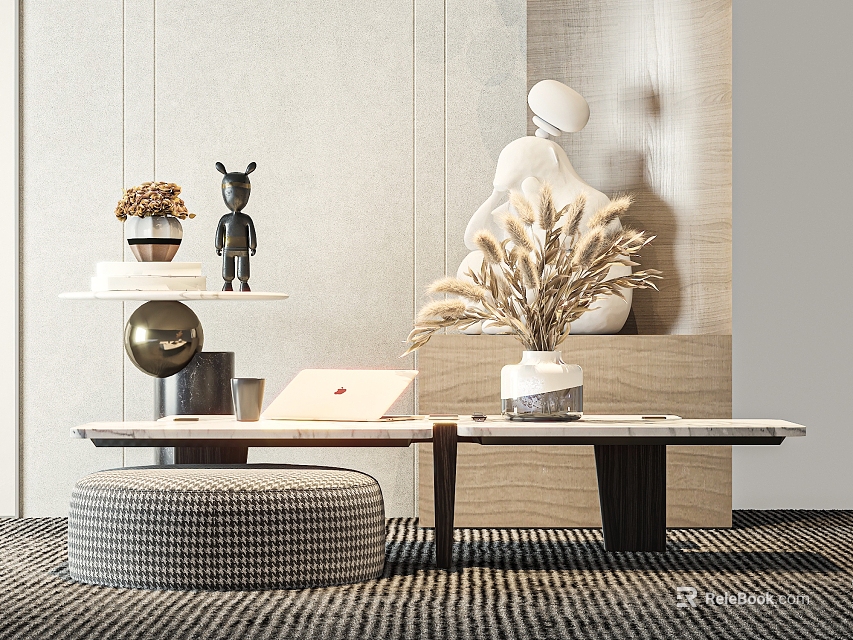 Elegant Modern Coffee Table With Marble Top Statue Decorative Plants And Stool On Patterned Rug 3d model 