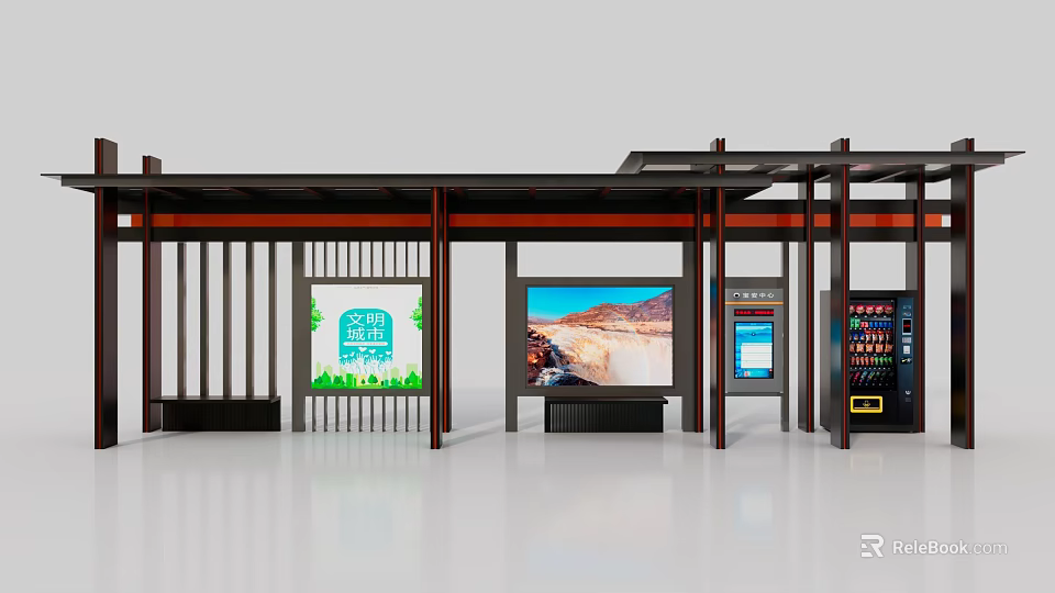 Modern Roadside Bus Shelter With Electronic Display Seating And Vending Machine 3d model 