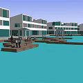 Multi Story Building With Green Accents Parking Lot Various Cars Trees Paved Ground And Lawn