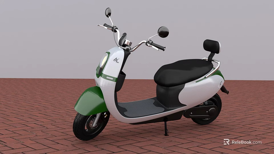Green and White Electric Scooter with Black Seat on Red Brick Ground and Gray Wall 3d model 