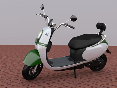 Green and White Electric Scooter with Black Seat on Red Brick Ground and Gray Wall 3d model