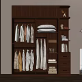 Wooden Wardrobe With Hanging Clothes Folded Items Drawers And Shelves With Books And Decorations