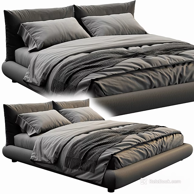Modern Upholstered Double Bed With Grey Bedding And Soft Pillows 3d model 