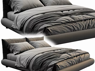 Modern Upholstered Double Bed With Grey Bedding And Soft Pillows 3d model