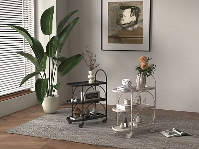 Black and Silver Rolling Storage Carts With Decorative Items In Indoor Living Space 3d model
