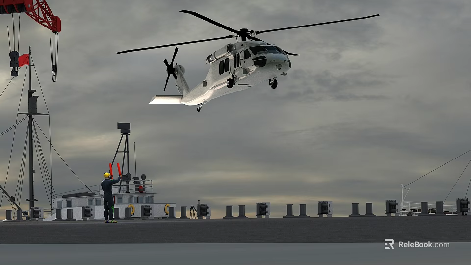 Helicopter Taking Off From Ship Deck With Ground Crew And Overcast Sky 3d model 