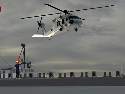 Helicopter Taking Off From Ship Deck With Ground Crew And Overcast Sky 3d model