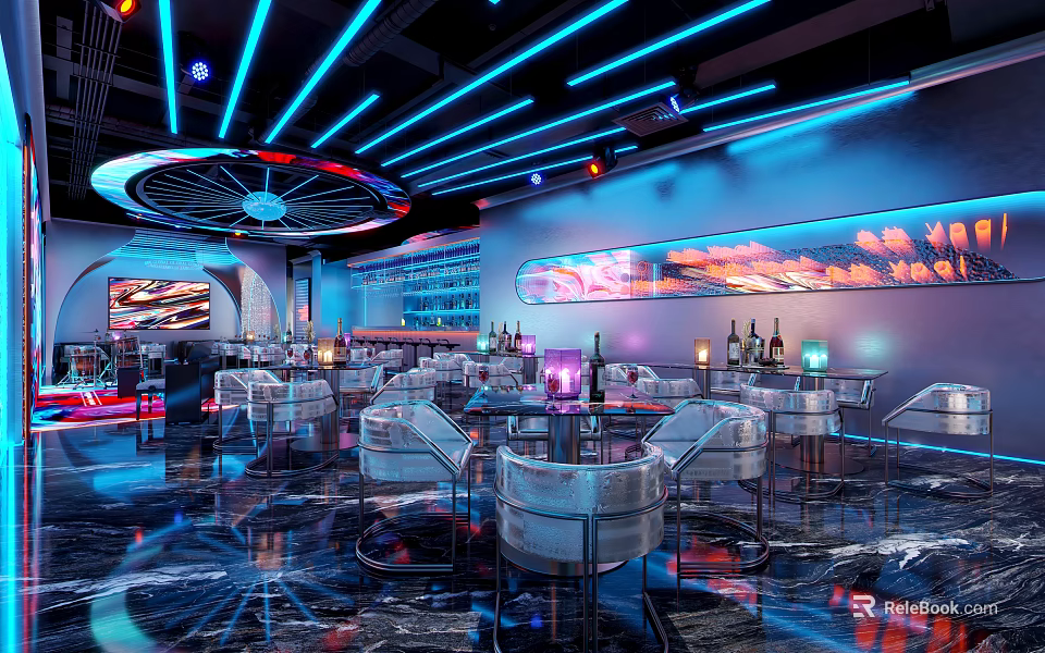 Modern Bar Interior With Blue Neon Lights Circular Decor And Bar Chairs 3d model 