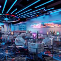 Modern Bar Interior With Blue Neon Lights Circular Decor And Bar Chairs
