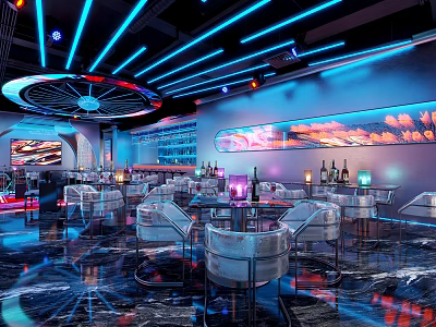 Modern Bar Interior With Blue Neon Lights Circular Decor And Bar Chairs 3d model