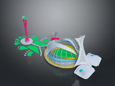 Architectural Ensemble With Modern Dome Structure Tall Pink Tower And Green Landscaped Area 3d model