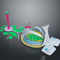 Architectural Ensemble With Modern Dome Structure Tall Pink Tower And Green Landscaped Area