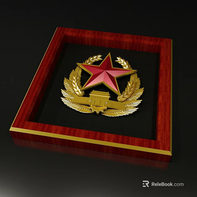 Decorative Badge in Mahogany Frame Featuring Red Star and Golden Laurel Wreath 3d model 