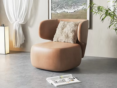 Modern Round Single Seater Sofa With Beige Leather And Faux Fur Cushion 3d model