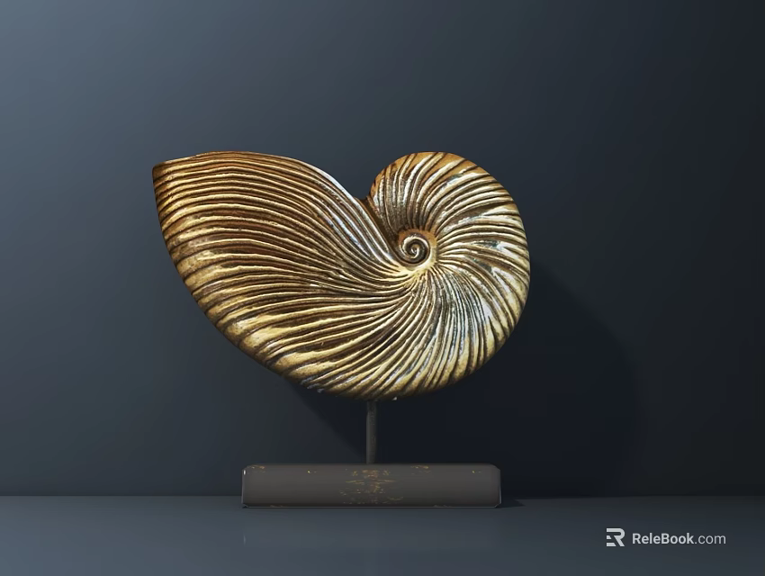 Golden Nautilus Sculpture with Spiral Patterns on Gray Base for Interior Decor 3d model 