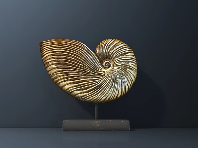 Golden Nautilus Sculpture with Spiral Patterns on Gray Base for Interior Decor 3d model