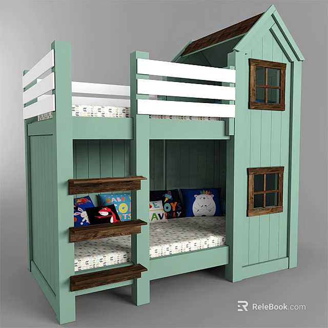 Light Green House Shaped Bunk Bed With Windows Ladder Shelves And Plush Pillows 3d model 