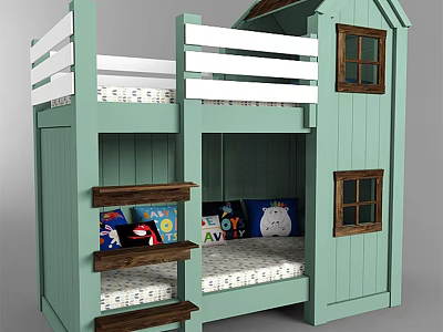 Light Green House Shaped Bunk Bed With Windows Ladder Shelves And Plush Pillows 3d model