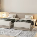 Single Beds With Wooden Headboard White Bedding Dark Throw Blankets Table Lamps And Geometric Rug