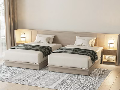 Single Beds With Wooden Headboard White Bedding Dark Throw Blankets Table Lamps And Geometric Rug 3d model