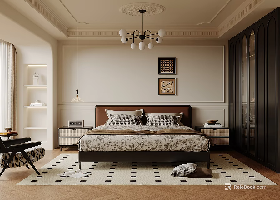 Elegant Bedroom Interior Design With Upholstered Bed Bedside Tables Wall Art And Patterned Rug 3d model 