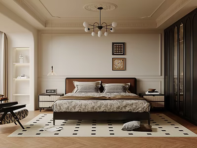 Elegant Bedroom Interior Design With Upholstered Bed Bedside Tables Wall Art And Patterned Rug 3d model