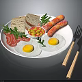 Delicious Breakfast Platter With Fried Eggs Sausages Bacon Bread and Fresh Herbs on White Plate