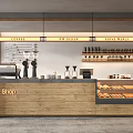 Coffee Shop Interior With Wooden Counter Hanging Lights Coffee Machine And Pastry