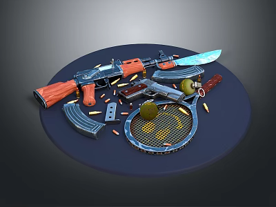 Military Weapons Collection Featuring Rifle With Wooden Grip Knife Bullets Grenades And Magazine 3d model