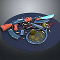 Military Weapons Collection Featuring Rifle With Wooden Grip Knife Bullets Grenades And Magazine