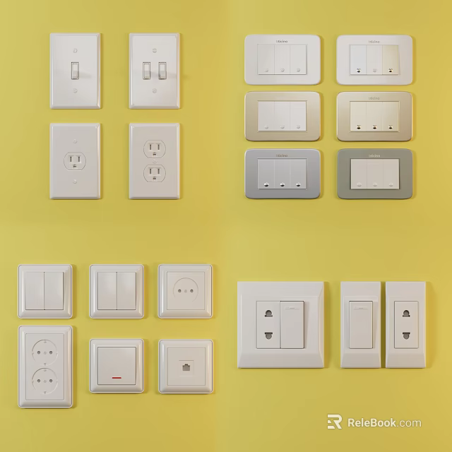Various White And Gray Switch Panels With Single Double Switches And Socket Designs 3d model 
