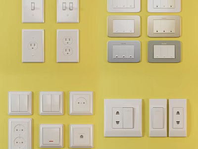 Various White And Gray Switch Panels With Single Double Switches And Socket Designs 3d model