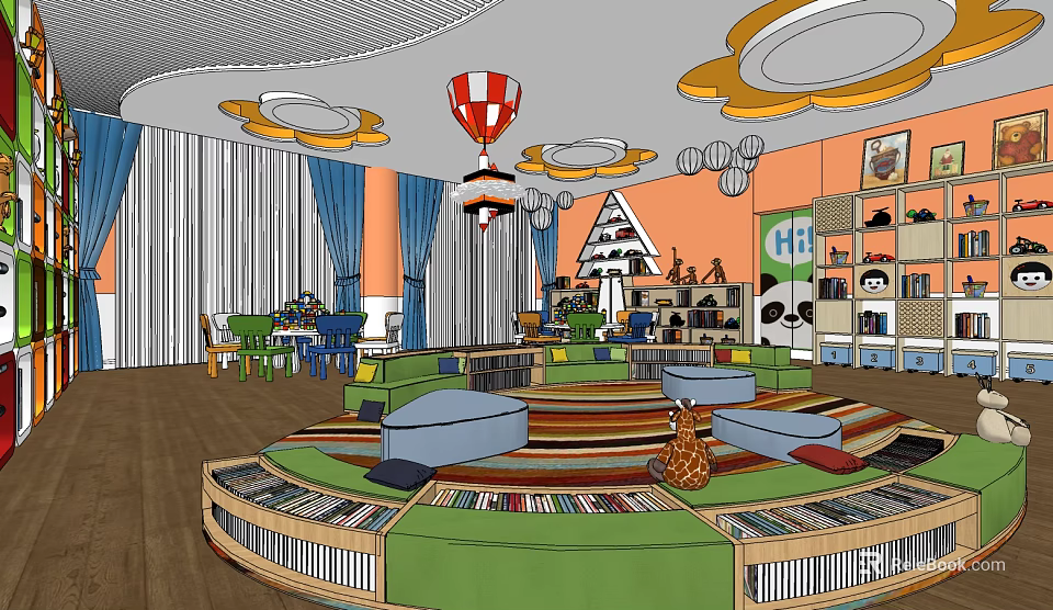 Colorful Kindergarten Indoor Play Space With Circular Sofas Bookshelves And Decorative Lights 3d model 
