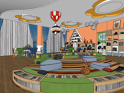 Colorful Kindergarten Indoor Play Space With Circular Sofas Bookshelves And Decorative Lights 3d model