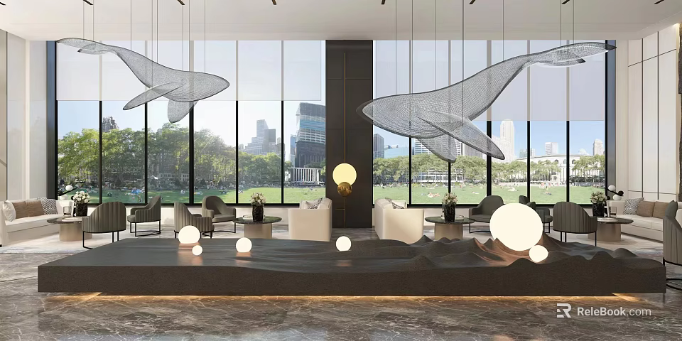 Modern Sales Office Interior Featuring Hanging Whale Sculptures Large Windows City View and Marble Floor 3d model 