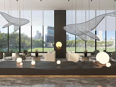 Modern Sales Office Interior Featuring Hanging Whale Sculptures Large Windows City View and Marble Floor 3d model