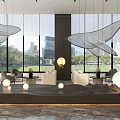 Modern Sales Office Interior Featuring Hanging Whale Sculptures Large Windows City View and Marble Floor
