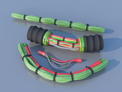 Multicolored Electrical Wire Bundles Secured With Green Black Straps In Various Shapes 3d model